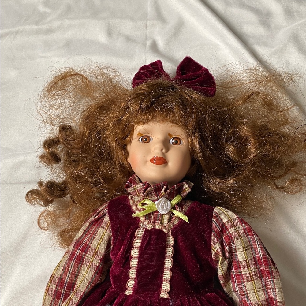 Vintage Style Porcelain Doll in Burgundy Dress - Picture 6 of 9
